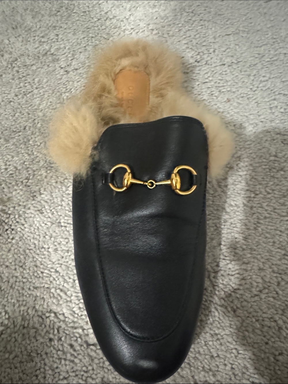 Gucci Black Leather Fur-Lined Loafer with Gold Horsebit